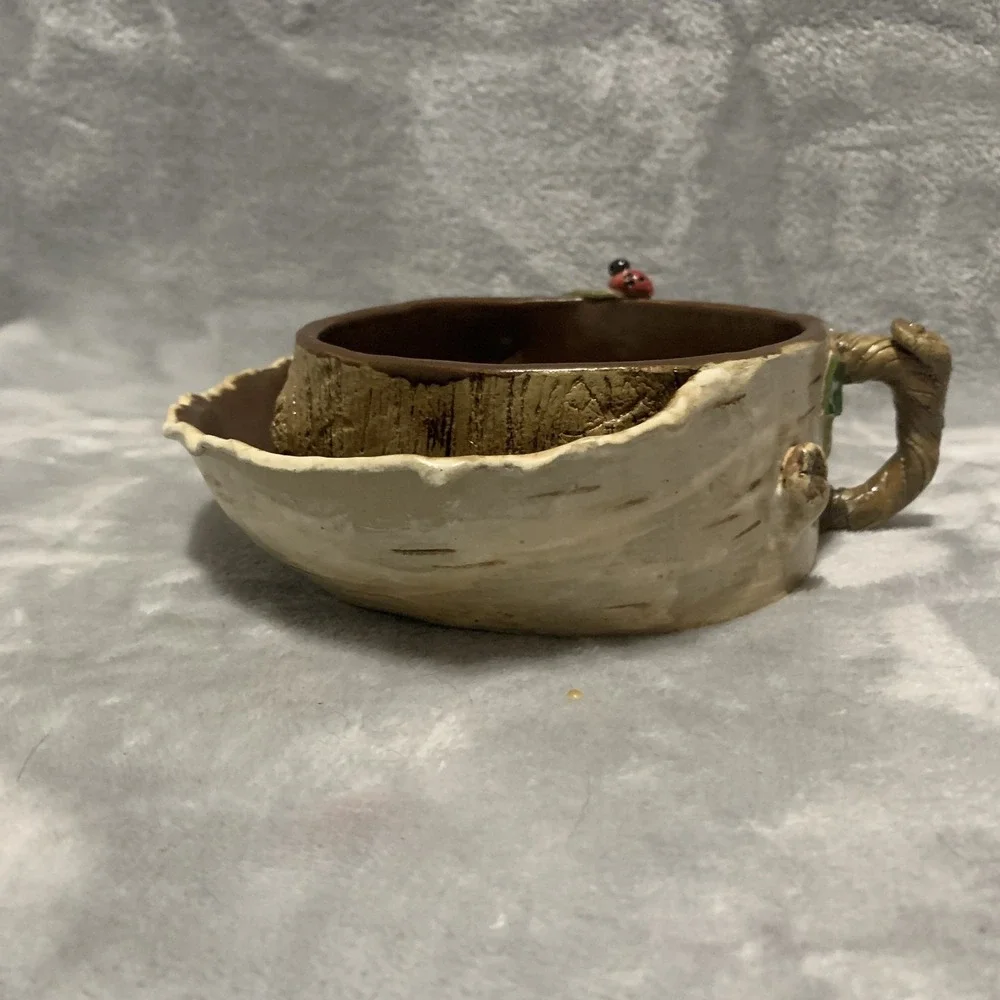 Unique Birch Bark Tree Stump Ceramic Vase Planter Mug Ladybug Handle Decorative